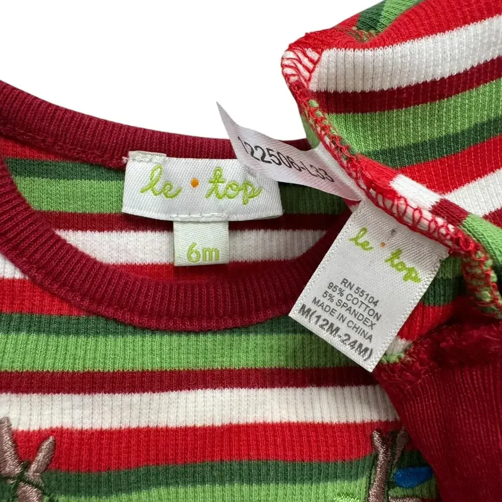 LE TOP Reindeer Stripe Ribbed Romper + Hat Size 6 Months Red Green White Cotton